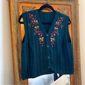 Vintage Turquoise Blue Floral Knit Sweater Vest